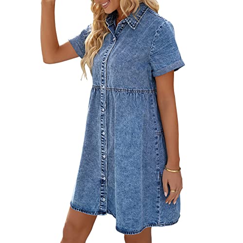 Zukmuk Jeans-Kleid mit Knie, Damen, Denim-Kleid, Knopfleiste, kurzärmelig, Sommerkleid, Revers-Kragen, Streetwear, Kleid, Hemd, Casual, dunkelblau, X-Large von Zukmuk