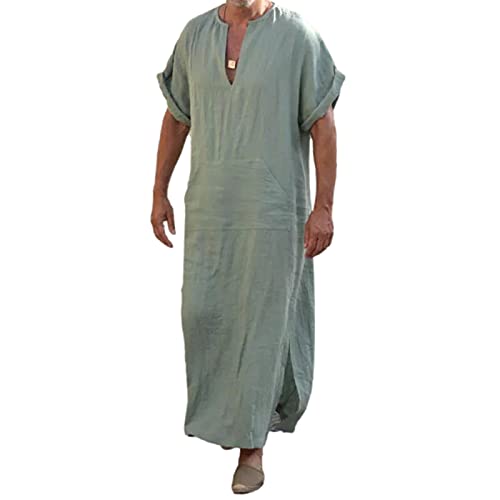 Zukmuk Langes Kleid Herren Home Robe Side Split Kaftan Kurze Ärme V-Ausschnitt einfarbig Thobe mit Tasche, S-XXXXXL (Celadon, XL) von Zukmuk