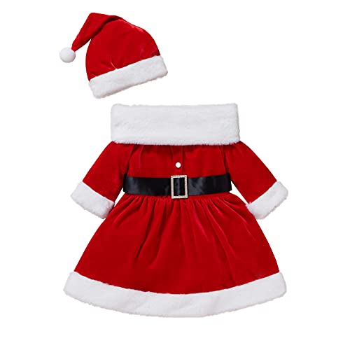 Zukmuk Mädchen Weihnachtskleid 3 PCS Langarmkleid Elegantes rotes Winterkleid + Weihnachtsmannmütze + Plüschschal (Rot, 18-24 Monate) von Zukmuk