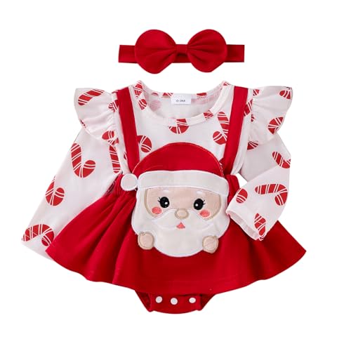 Zukmuk Neugeborenes Baby Mädchen Weihnachten Outfit Baby Mädchen Elch Strampler Kleid Langarm Rüschen Weihnachtsmann Strampler Kleid Einteiler Bodysuit Stirnband Set, Roter Weihnachtsmann, 3-6 Months von Zukmuk
