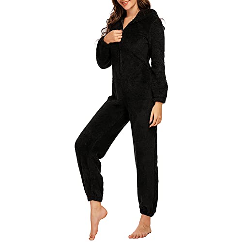 Zukmuk Onepiece Jumpsuit Damen Kuschelig Onesie Damen Fasching Onesie Tier Damen Overall Frauen Pyjama Damen Langarm Onesie Damen Flauschig (3XL, Schwarz A) von Zukmuk