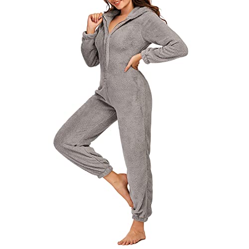Zukmuk Onepiece Jumpsuit Damen Kuschelig Onesie Damen Fasching Onesie Tier Damen Overall Frauen Pyjama Damen Langarm Onesie Damen Flauschig (XXL, Grau A) von Zukmuk