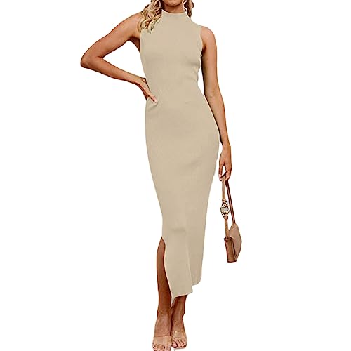 Zukmuk Party Kleider Damen Abendkleider Sommer Sexy Maxikleid Diamond Process Ärmelloses Mock Neck Hollow Out Split Long One Piece Bodycon Clubwear (as3, Alpha, s, Regular, Regular, Aprikose A) von Zukmuk