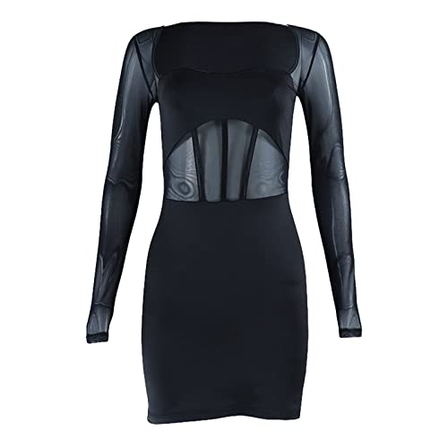 Zukmuk Perspektive Damen Körper Kleid Lange Ärmel Quadratischer Cocktailkleid Sexy und Chic, Schwarz , S von Zukmuk