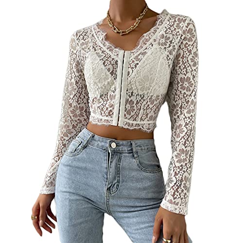 Zukmuk Tops Damen Elegant Langarm Crop Top Spitze Spitzentop Spitzen Long Sleeve Bluse Blusenshirt Party Lace Trachtenbluse Für Frauen (F Weiß, L) von Zukmuk