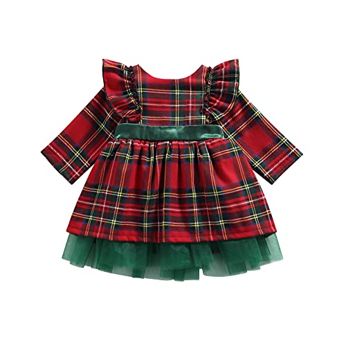 Zukmuk Weihnachten Kariertes Kleid für Baby Mädchen Lange Ärmel Prinzessin Kleider mit Bowknot Cute Tulle Kleid für Silvester Party (Rot+ Grün, 1-2 Jahre) von Zukmuk