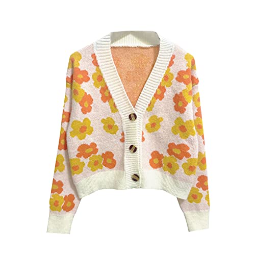 Zukmuk Y2k Cardigan Damen Floral Print Strickjacke V-Ausschnitt Langarm Vintage Stil Strickpullover (Apricot, One Size) von Zukmuk