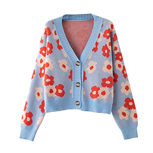 Zukmuk Y2k Cardigan Damen Floral Print Strickjacke V-Ausschnitt Langarm Vintage Stil Strickpullover (Blau-Rot, One Size) von Zukmuk