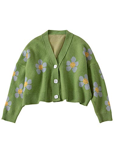 Zukmuk Y2k Cardigan Damen Floral Print Strickjacke V-Ausschnitt Langarm Vintage Stil Strickpullover (Grün, One Size) von Zukmuk