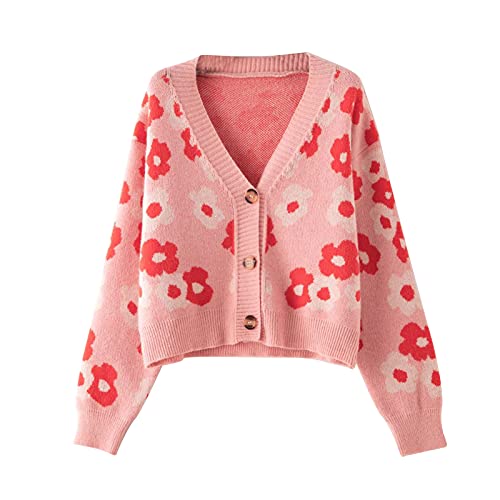 Zukmuk Y2k Cardigan Damen Floral Print Strickjacke V-Ausschnitt Langarm Vintage Stil Strickpullover (Rot-Rosa, One Size) von Zukmuk