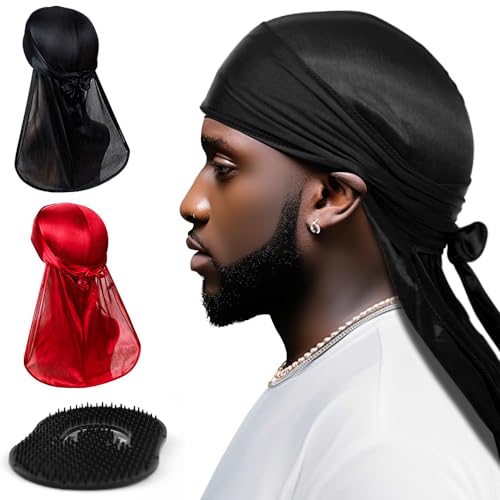 ZukoCert 2 Stück seidiger Durag für Männer und Frauen, gewellt, seidiger Satin, extra lange Schwänze (schwarz rot) von ZukoCert