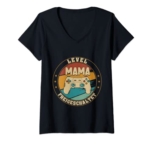 Damen Mama Level Loading 2023 Schwangerschaft Verkünden Baby Party T-Shirt mit V-Ausschnitt von Zukünftiger Werdender Mama Eltern Mama Schwanger