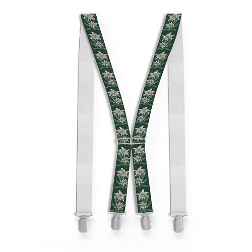 Zukunftsenkel Hosenträger mit Edelweiß-Muster, 3,5cm Breit, X-Form, Edelweiß 4 Starke Clips Herren Damen Skihose Arbeitshose Verstellbar, Elastisch Fasnacht H-Form (Grün) von Zukunftsenkel