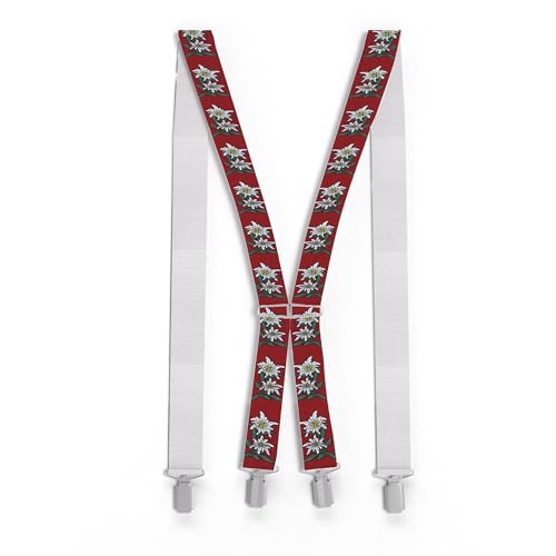 Zukunftsenkel Hosenträger mit Edelweiß-Muster, 3,5cm Breit, X-Form, Edelweiß 4 Starke Clips Herren Damen Skihose Arbeitshose Verstellbar, Elastisch Fasnacht H-Form (Rot) von Zukunftsenkel