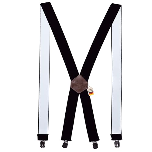 Zukunftsenkel Premium Hosenträger 3,5 cm breit in X-Form mit Leder-Patch und 4 extra starken Clips flexibel Herren & Damen Skihosenträger Motorradhosenträger Fasnacht (Schwarz/Braun) von Zukunftsenkel