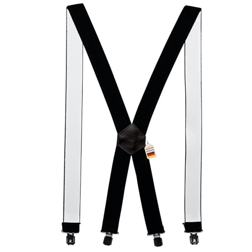 Zukunftsenkel Premium Hosenträger 3,5 cm breit in X-Form mit Leder-Patch und 4 extra starken Clips flexibel Herren & Damen Skihosenträger Motorradhosenträger Fasnacht (Schwarz/Schwarz) von Zukunftsenkel