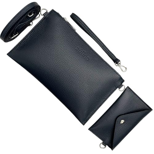 Zulino Z65 Echtleder Handytasche zum Umhängen Damen mit geldbörse Clutch Umhängetasche Handtaschen Set Doppelgurt abnehmbar verstellbar Lederkanten versiegelt 25x15cm Dunkelblau von Zulino
