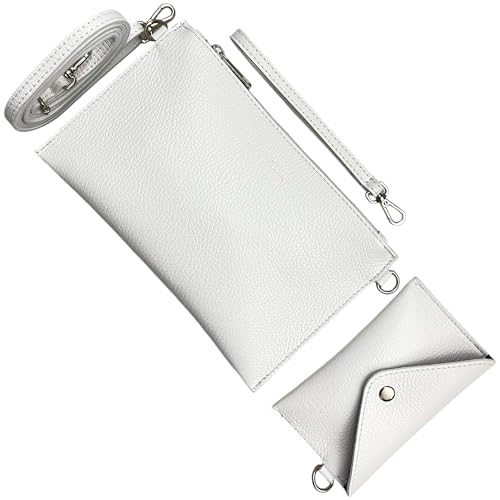 Zulino Z65 Echtleder Handytasche zum Umhängen Damen mit geldbörse Clutch Umhängetasche Handtaschen Set Doppelgurt abnehmbar verstellbar Lederkanten versiegelt 25x15cm Weiß von Zulino