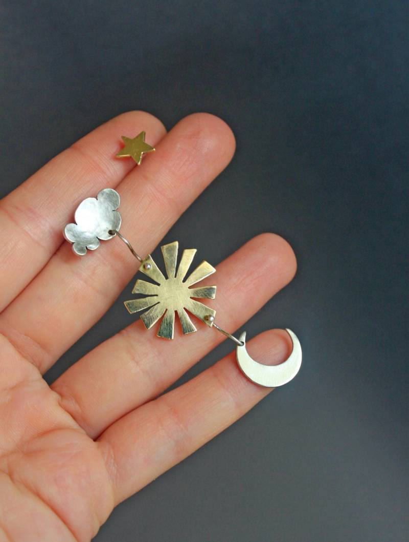 Handgemachte Wolke Sonne Mond Stern Ohrringe-Astronomie-Sterling Silber & Bronze Oder 18K Vergoldet-Planeten-Sonne Ohrringe - Galaxie Handgemachte Wolke Sonne Mond Stern Ohrringe-Astronomie-Sterling Silber & Bronze Oder 18K Vergoldet-Planeten-Sonne Ohrringe - Galaxie von ZuluAndLulu
