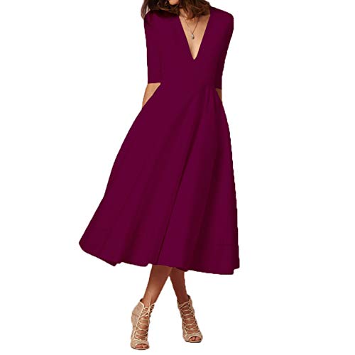 ZumZup Damen Elegant Abendkleid Cocktailkleid 3/4 Ärmel Tiefe V-Ausschnitt Midikleid A-Linie Kleider Weinrot L von ZumZup