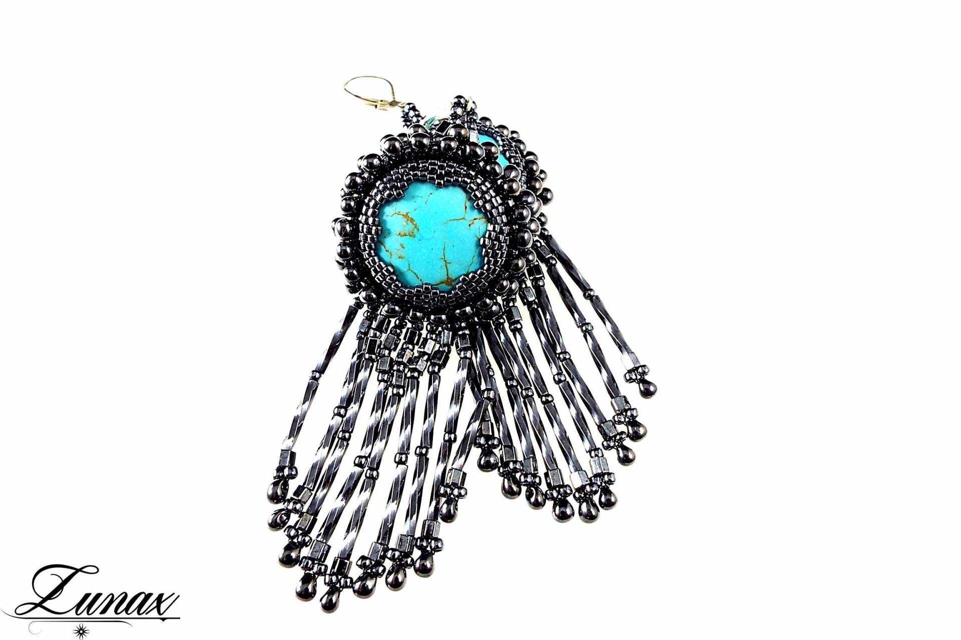 Bead Embroidery Lange Türkisfarbene Ohrringe Bead Embroidery Lange Türkisfarbene Ohrringe von ZunaxDesign