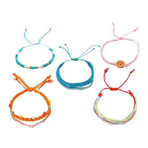 Zunedhys 5 Stück/Set bunte Retro-Sonnenblumen-Perlen, Lederseil, handgewebt, Armband-Set für Damen, Party, Hochzeit, Schmuck-Zubehör, Wachsfäden + Legierung von Zunedhys