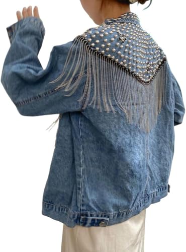 Klassische Jeansjacke für Damen mit Fransen Modetrend Hip Hop Punk Nieten Jeansjacke Elegante lockere lässige Jacke mit Revers und Knöpfen Langen Ärmeln (Blau,XL) von Zunlethian