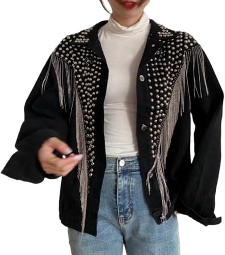 Klassische Jeansjacke für Damen mit Fransen Modetrend Hip Hop Punk Nieten Jeansjacke Elegante lockere lässige Jacke mit Revers und Knöpfen Langen Ärmeln (Schwarz,XL) von Zunlethian