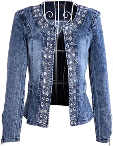 Langärmlige Jeansjacke für Damen Modetrend Leichte lässige Jeansjacke mit Rundhalsausschnitt Retro Jacke mit schmalen eleganten Strass Pailletten (Blau,XL) von Zunlethian