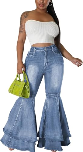 Süße Schlagjeans für Damen modisch elegant trendig ausgefranst mehrlagig mit Rüschen ausgestelltem Saum Denim Hose mit weitem Bein Hip-Hop Street Dance lässige Jeans (Hellblau,M) von Zunlethian