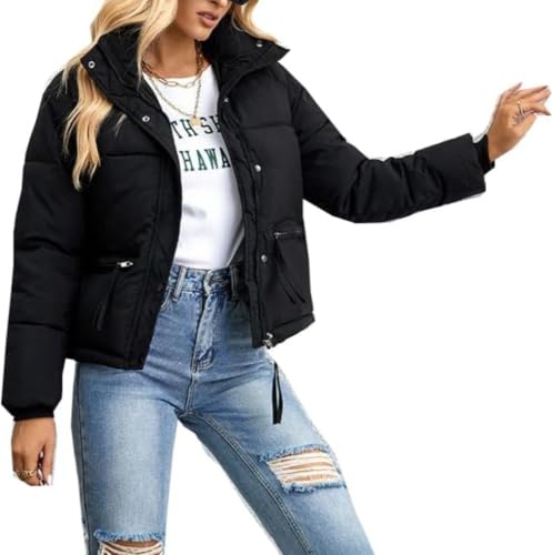 Warme Winterjacke für Damen mit Stehkragen Modetrend Taillierte leichte Kurze Daunenjacke mit Reißverschluss Lockere modische langärmelige Jacke (Schwarz,XXL) von Zunlethian