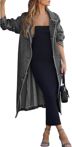 Zunlethian Damen Jeans Mantel im Retro Stil mit flachem Barge Kragen modischer lockerer lässiger zweireihiger Jeans Trench Coat Elegante Business Workout Jacke (Schwarz,XL) von Zunlethian