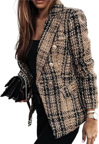 Zunlethian Damen Karierten Blazer Mode Plaid gedruckt Revers Double Breasted Tweed Jacke Elegantes Geschäft lässig Büro Jacke (Braun,L) von Zunlethian