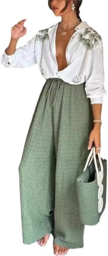 Zunlethian Damen Lässiges Urlaubs Set Hawaiian isches Langarm Hemd und elastische Taille Kordel Zug Hose zweiteiliges Elegantes Business Mode Shopping Set (Weiß,L) von Zunlethian