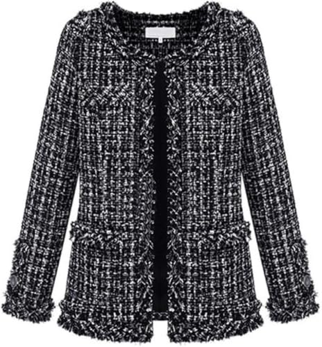 Zunlethian Damen Rundkragen Karierter Tweed Blazer Elegante lässige Business Büro Karierte Jacke Damen Mode Trend Lose Jacke (Schwarz,XXL) von Zunlethian