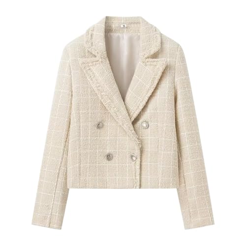 Zunlethian Damen Tweed Jacke 2024 Frühling und Herbst Transitional Mode Revers Taille Elegante Blazer Jacke Büro Freizeit Vintage Kurz jacke (Beige,L) von Zunlethian