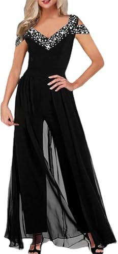 Zunlethian Eleganter Damen Jumpsuit Schlanker V-Ausschnitt Glänzend Trägerlos Hohe Taille Jumpsuit Set Dinner Party Hochzeit Gast Jumpsuit (Schwarz,XL) von Zunlethian