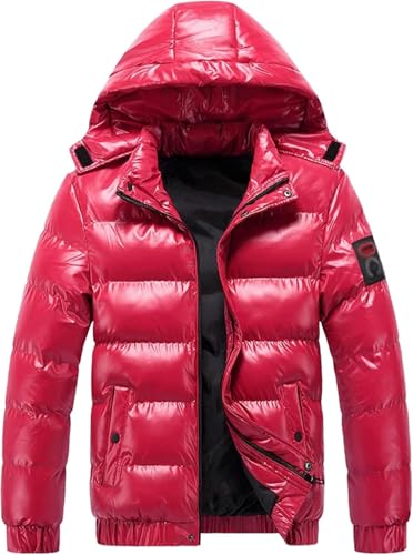 Zunlethian Herren Casual Warm Glänzend Kapuzenjacke Winter Wasserdicht Winddicht Daunenjacke Mode Flauschig Outdoor Sport Jacke (Rot,4XL) von Zunlethian