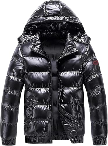 Zunlethian Herren Casual Warm Glänzend Kapuzenjacke Winter Wasserdicht Winddicht Daunenjacke Mode Flauschig Outdoor Sport Jacke (Schwarz,M) von Zunlethian