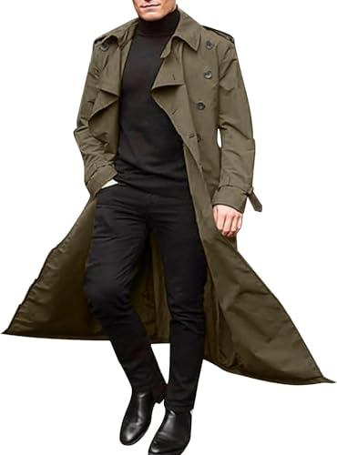 Zunlethian Herren Frühjahr und Herbst lange Windjacke Herrenmode Trend Business Casual Revers Zweireiher Trenchcoat lange Jacke (Armee grün,M) von Zunlethian