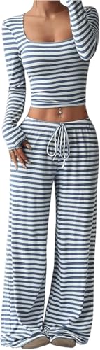 Zweiteiliges Set aus gestreiftem Oberteil und lässiger Hose für Damen Modischer Anzug aus langärmligem Oberteil mit eckigem Ausschnitt und Hose Lockerer trendiger Sportanzug (Blau,S) von Zunlethian
