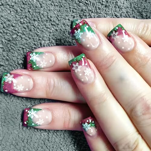 24PCs Glitzer Drücken Sie Auf Nägeln Kurzer Quadrat Falsches Weihnachtsflockenstock Auf Vollbezügen Für Frauen Volle Cover Glänzende Künstliche Nägel von Zuoeay