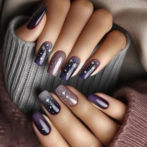 24pcs Square Press Auf Nägeln Winter Blue Starlit Full Covers False Set Stick Auf Maniküre Für Frauen Mädchen Süßes Maniküre Kit von Zuoeay