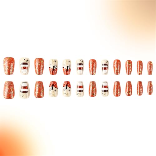24pcs Thanksgiving Press Auf Nägeln Kurzer Mandelstab Für Frauen Und Mädchen Falsche Urlaubsdekorationen Pressen Nägel von Zuoeay