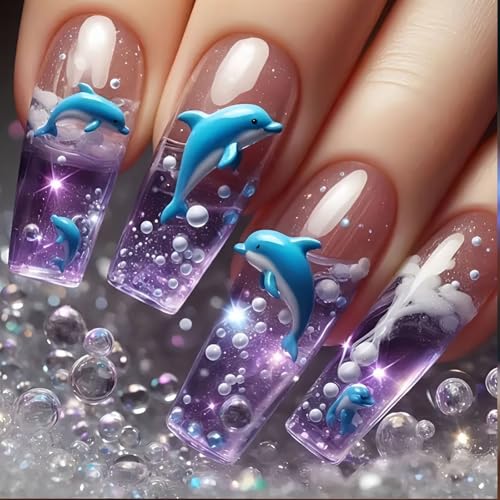 Delfine Thematische Eisblaue Presse Auf Nägeln 24 Pcs Quadratische Form Künstlicher Nägel Mit Nahtlosen Ungifischen Quadratischen Fackeln Nagel von Zuoeay