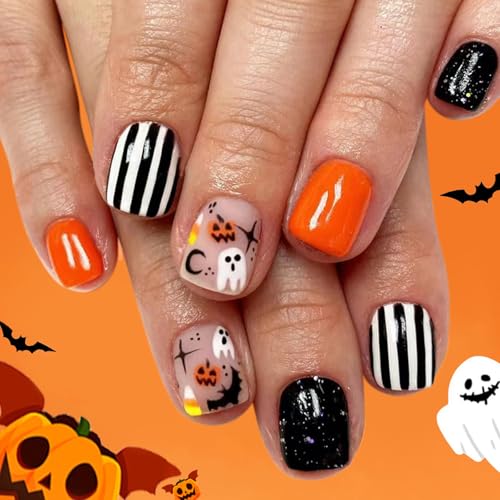 Halloween Nägel Kunst Plastik Presse Auf Nägeln Mit Mysteriösen Geisterstreifen Und Kürbisfledermotivmotiven Für Frauen Party Manicure Fledermaus Faste Nail Plastik von Zuoeay