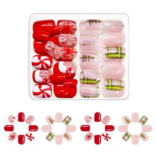 Kurze Quadratische Falsche Nägel Mit Weihnachtsbaumpresse Auf Streifen Vollbezüge Stick Für Frauen Mädchen Vollhilfe Stick Presse Short Square False Falsch von Zuoeay