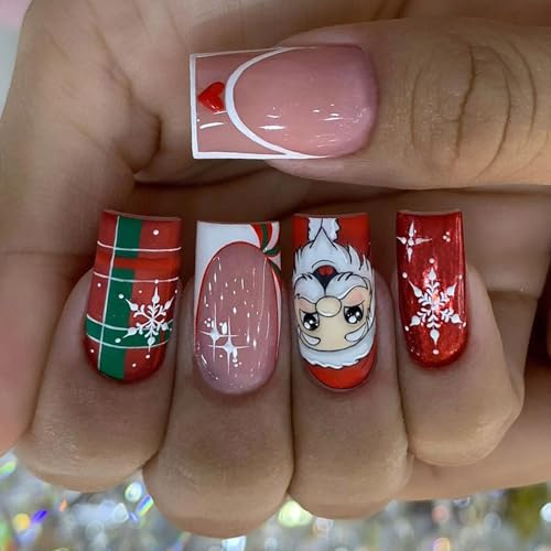 Middle Square Christmas Press Auf Nägeln 24PCs Künstliche Falsche Nägel Mit Weihnachtsmann Und Festlichen Schneeflockendesigns Für Frauen Frauen Nagelkunst von Zuoeay