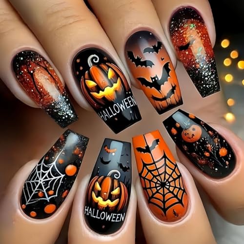 Pumpkin Spiderweb Square False Nails Langes Bauch von Zuoeay