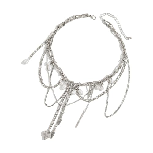 Zuoeay Mehrschichtiger Halskette Mit Herz Und Nietanhänger Verstellbarer Länge Modische Schlüsselbeutelkette Für Trendige Outfits Retro Schmuck Für Frauen von Zuoeay